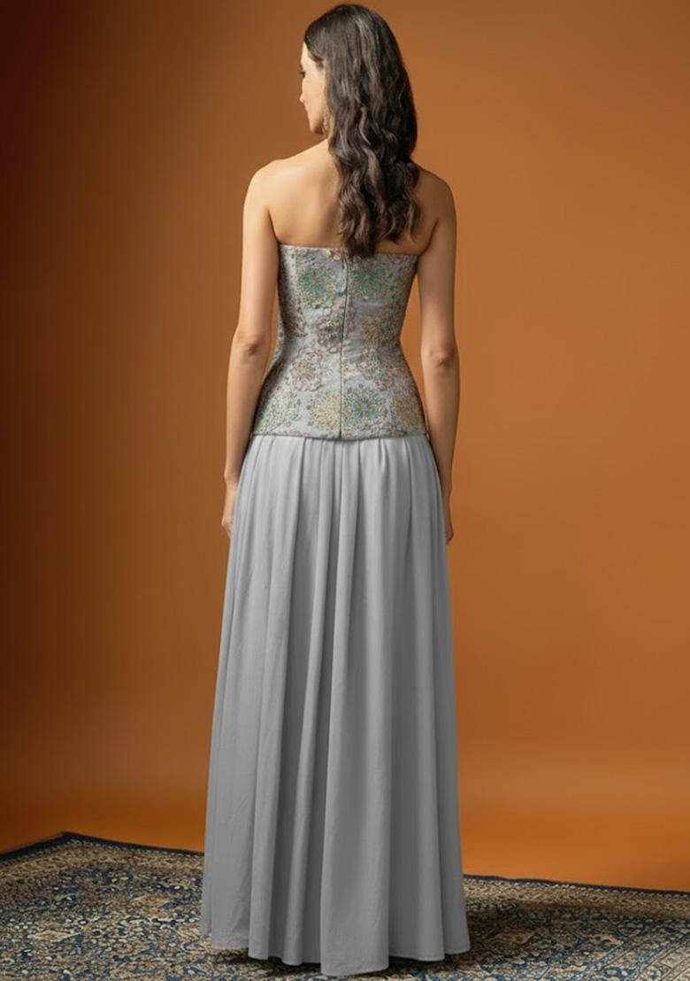 Grey Embroidered Crepe Lehenga Set - Indya