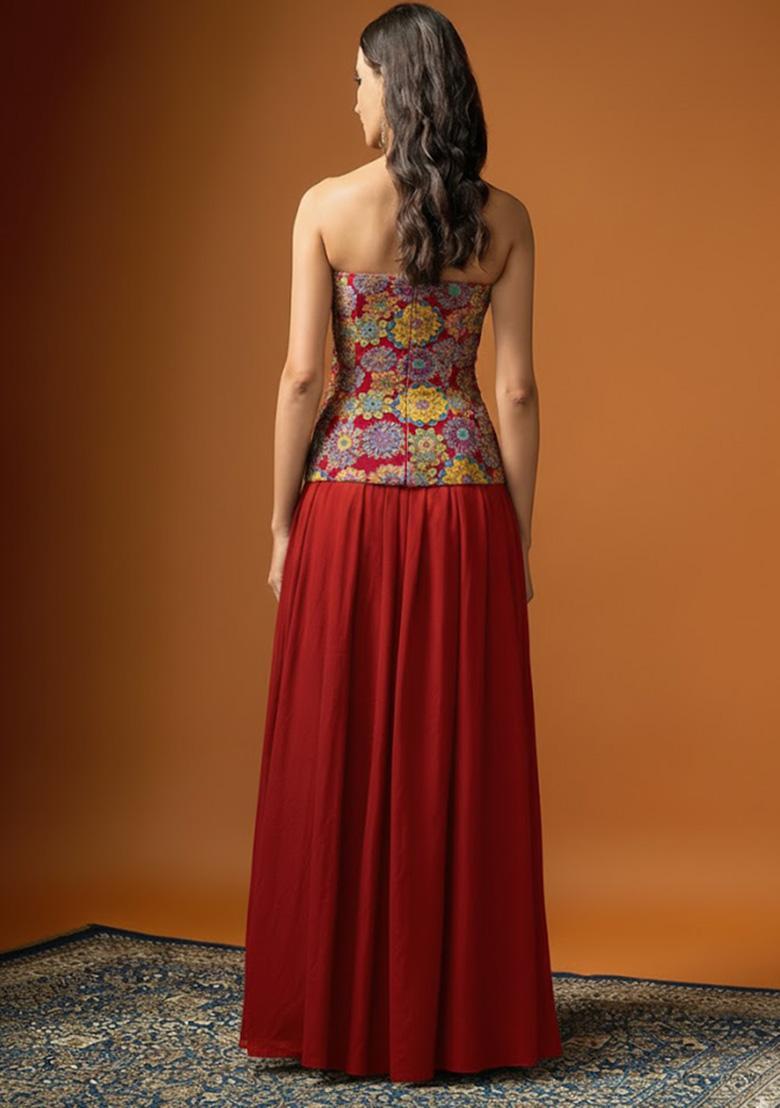 Red Embroidered Crepe Lehenga Set - Indya