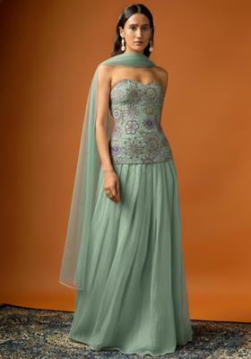 Mint Green Embroidered Crepe Lehenga Set