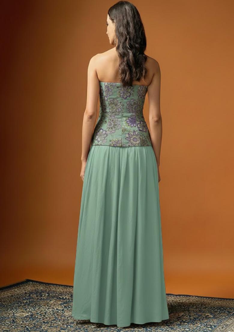 Mint Green Embroidered Crepe Lehenga Set - Indya