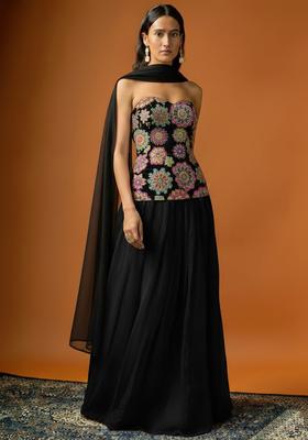 Black Embroidered Crepe Lehenga Set