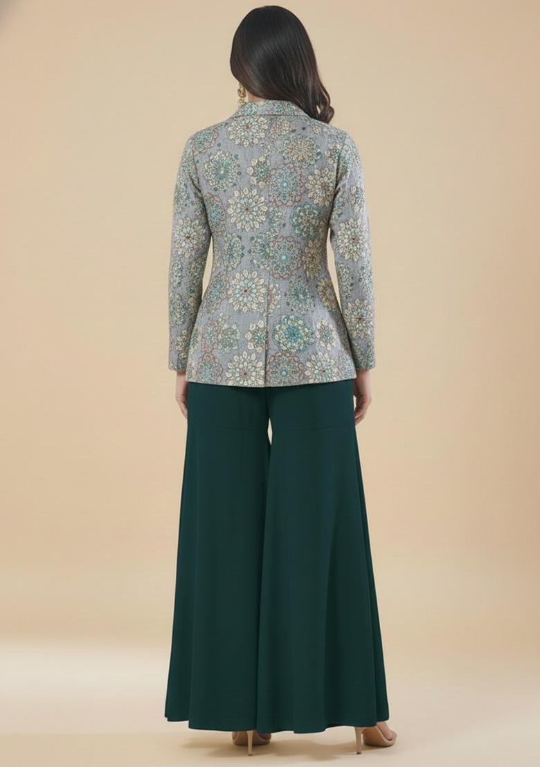 Bottle Green Embroidered Crepe Fusion Set - Indya