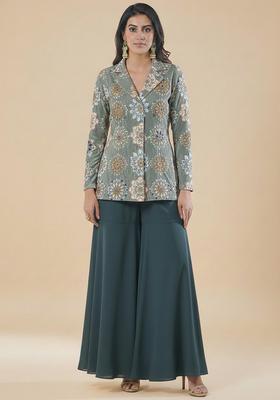 Teal Blue Embroidered Crepe Fusion Set
