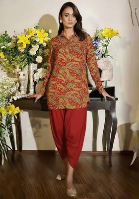 Rust Embroidered Crepe Fusion Set
