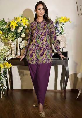 Purple Embroidered Crepe Fusion Set