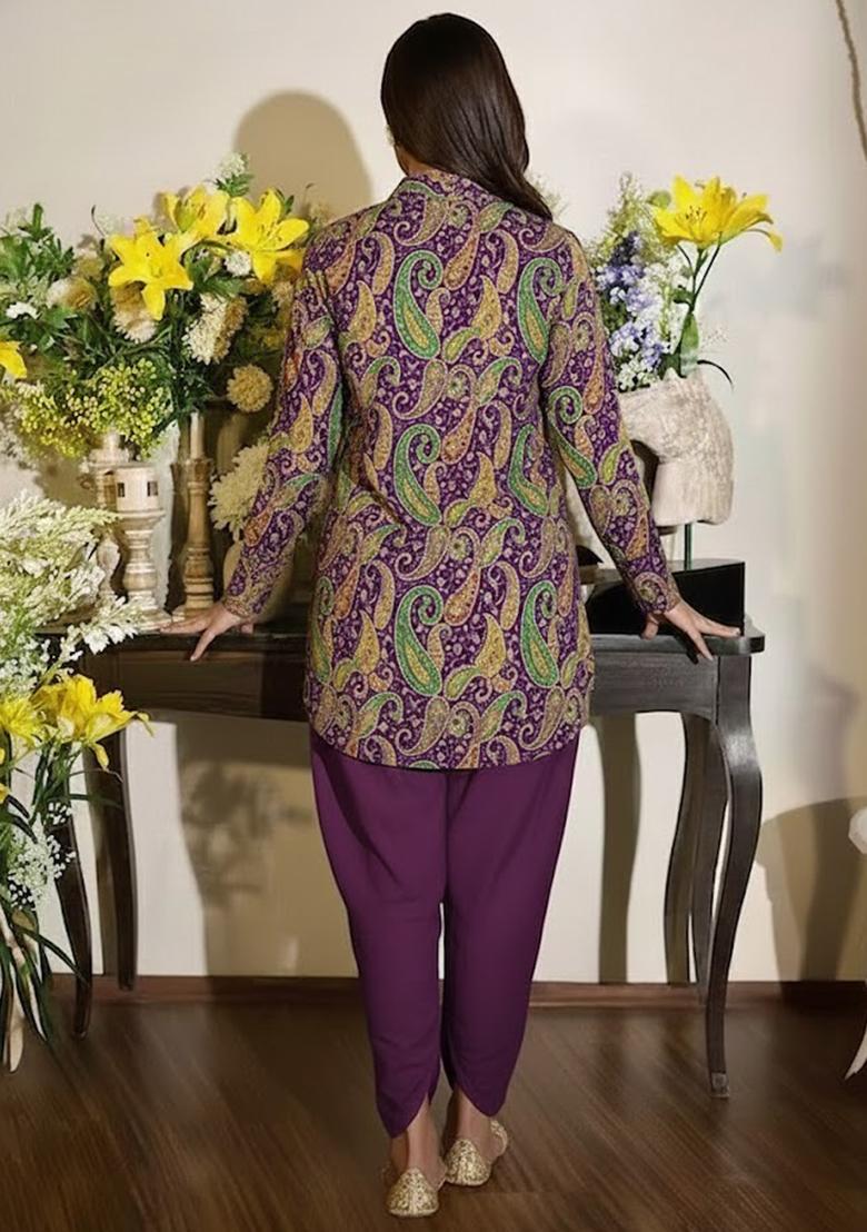 Purple Embroidered Crepe Fusion Set - Indya