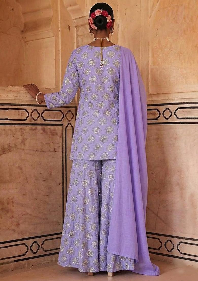 Lavender Sequin Silk Blend Sharara Set - Indya