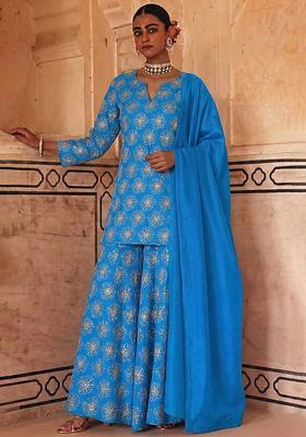 Blue Sequin Silk Blend Sharara Set