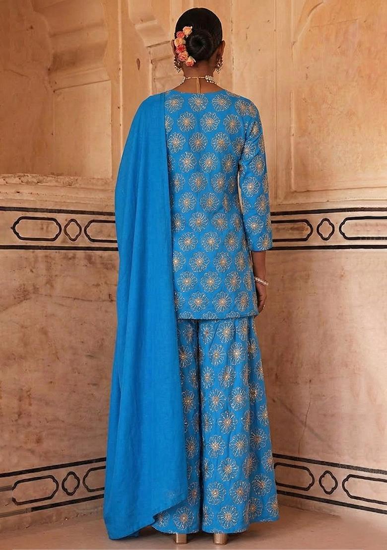 Blue Sequin Silk Blend Sharara Set - Indya