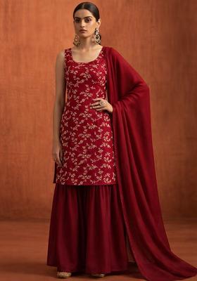 Deep Red Embroidered Crepe Sharara Set