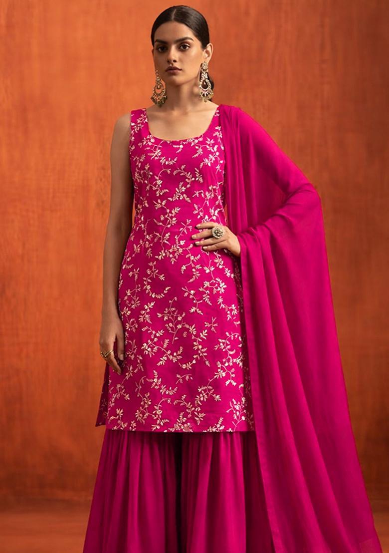 Rani Pink Embroidered Crepe Sharara Set - Indya