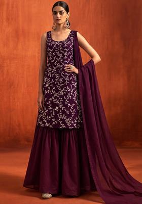 Wine Embroidered Crepe Sharara Set