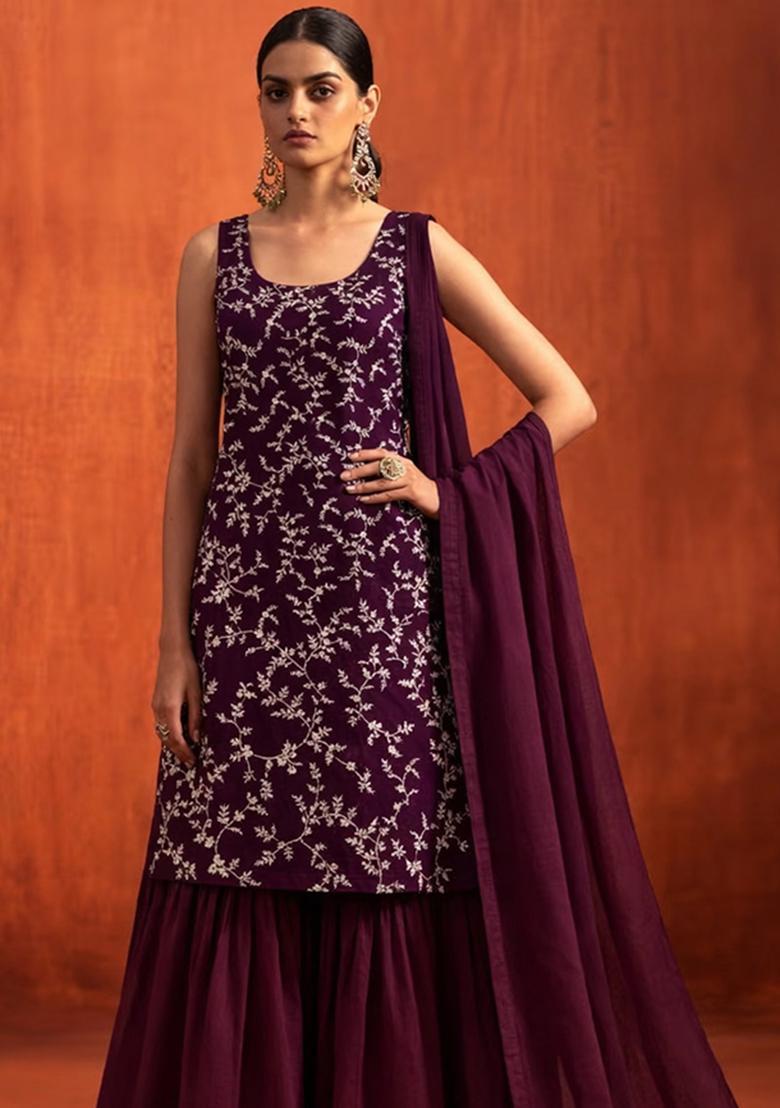 Wine Embroidered Crepe Sharara Set - Indya
