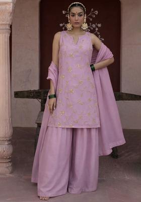 Lavender Embroidered Silk Blend Sharara Set
