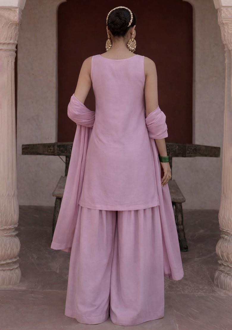 Lavender Embroidered Silk Blend Sharara Set - Indya