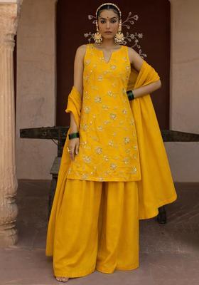 Yellow Embroidered Silk Blend Sharara Set