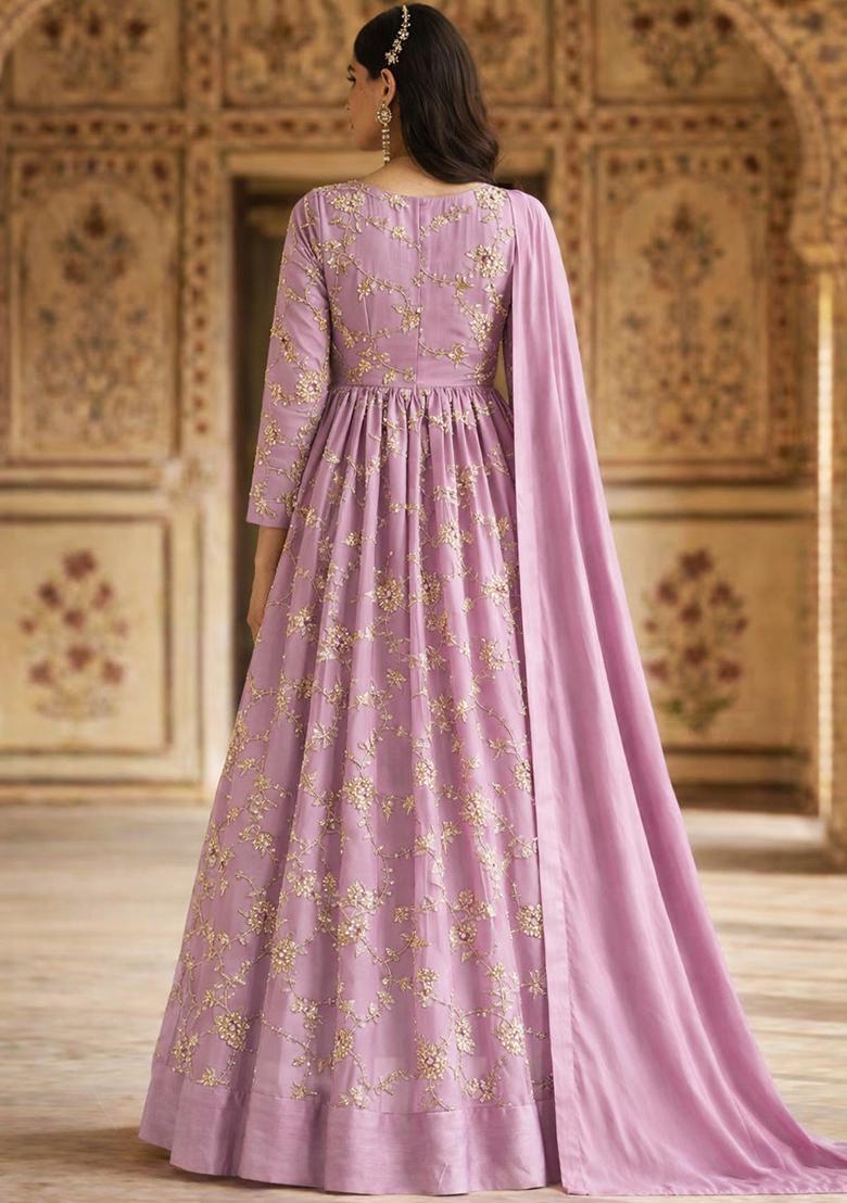Lavender Embroidered Silk Blend Anarkali With Dupatta - Indya