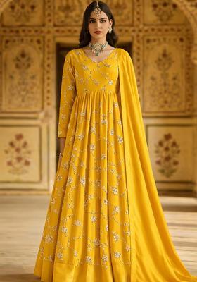 Yellow Embroidered Silk Blend Anarkali With Dupatta