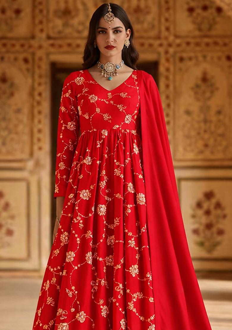 Deep Red Embroidered Silk Blend Anarkali With Dupatta - Indya