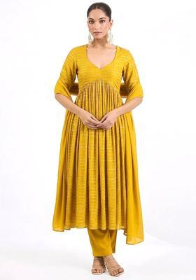 Mustard Embroidered Chinnon Anarkali Set