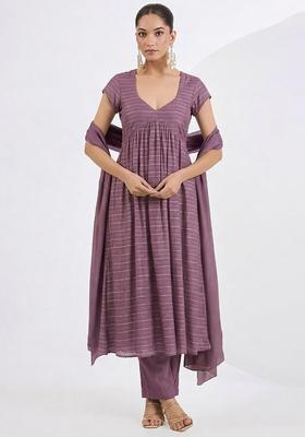 Lavender Embroidered Chinnon Anarkali Set
