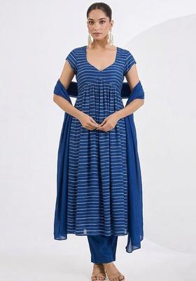 Blue Embroidered Chinnon Anarkali Set