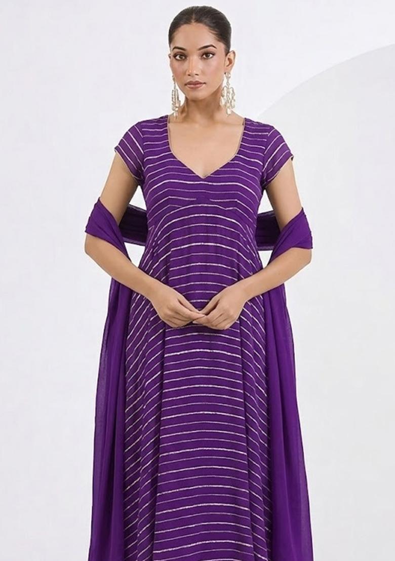 Purple Embroidered Chinnon Anarkali Set - Indya