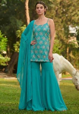 Teal Green Sequin Silk Blend Sharara Set