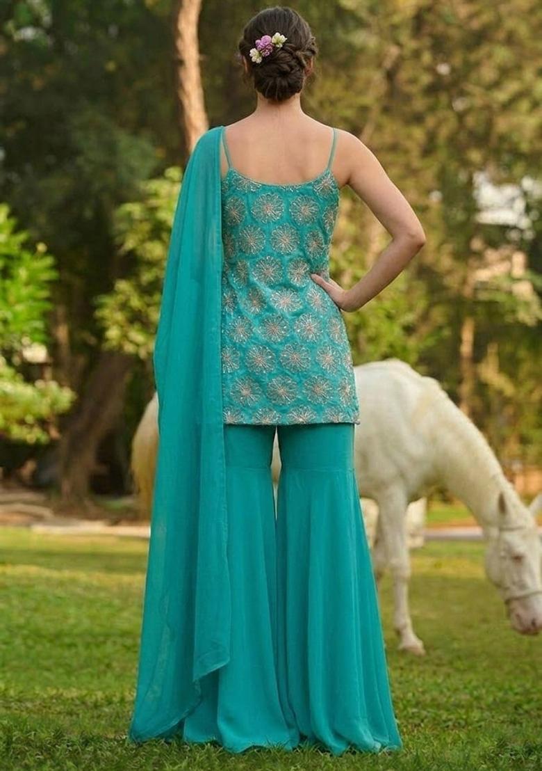 Teal Green Sequin Silk Blend Sharara Set - Indya