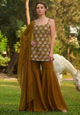 Olive Brown Sequin Silk Blend Sharara Set