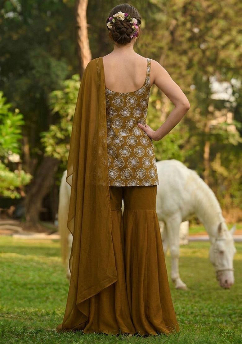 Olive Brown Sequin Silk Blend Sharara Set - Indya