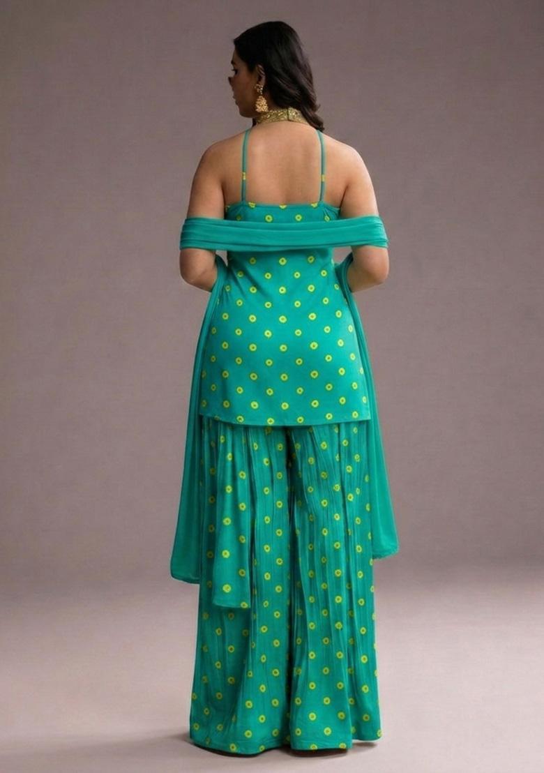 Teal Green Printed Tissue Sharara Set - Indya