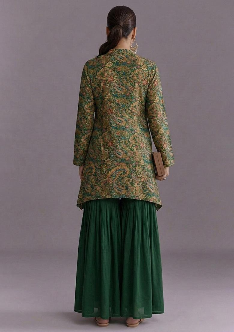 Forest Green Embroidered Crepe Sharara Set - Indya