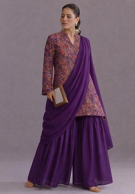Purple Embroidered Crepe Sharara Set