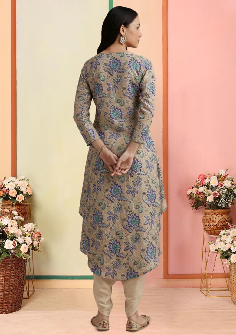 Beige Floral Print Crepe Punjabi Suit Set - Indya