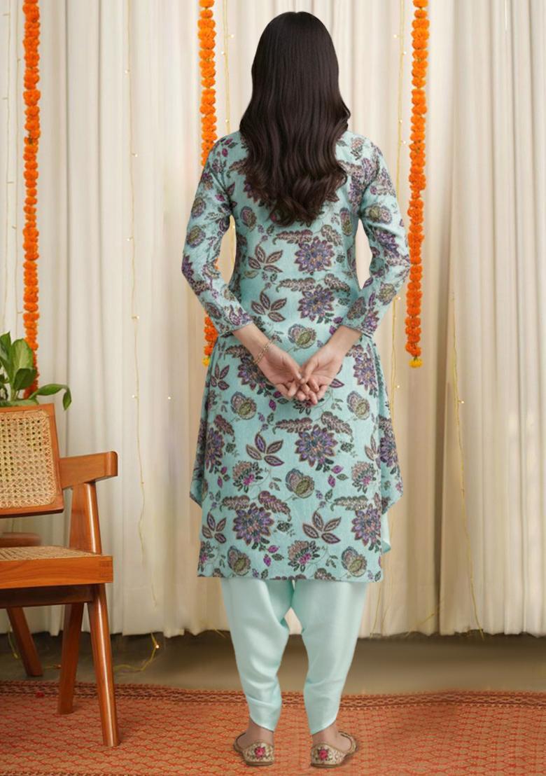 Mint Green Floral Print Crepe Co Ord Set - Indya