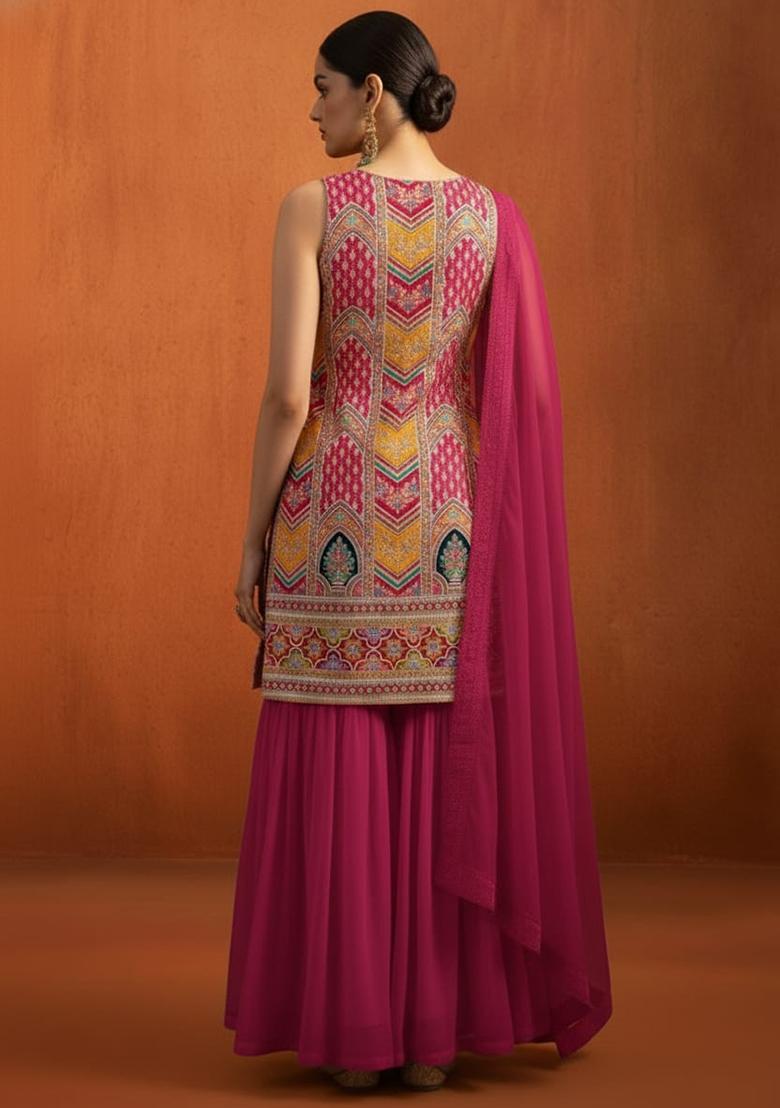 Rani Pink Embroidered Crepe Sharara Set - Indya