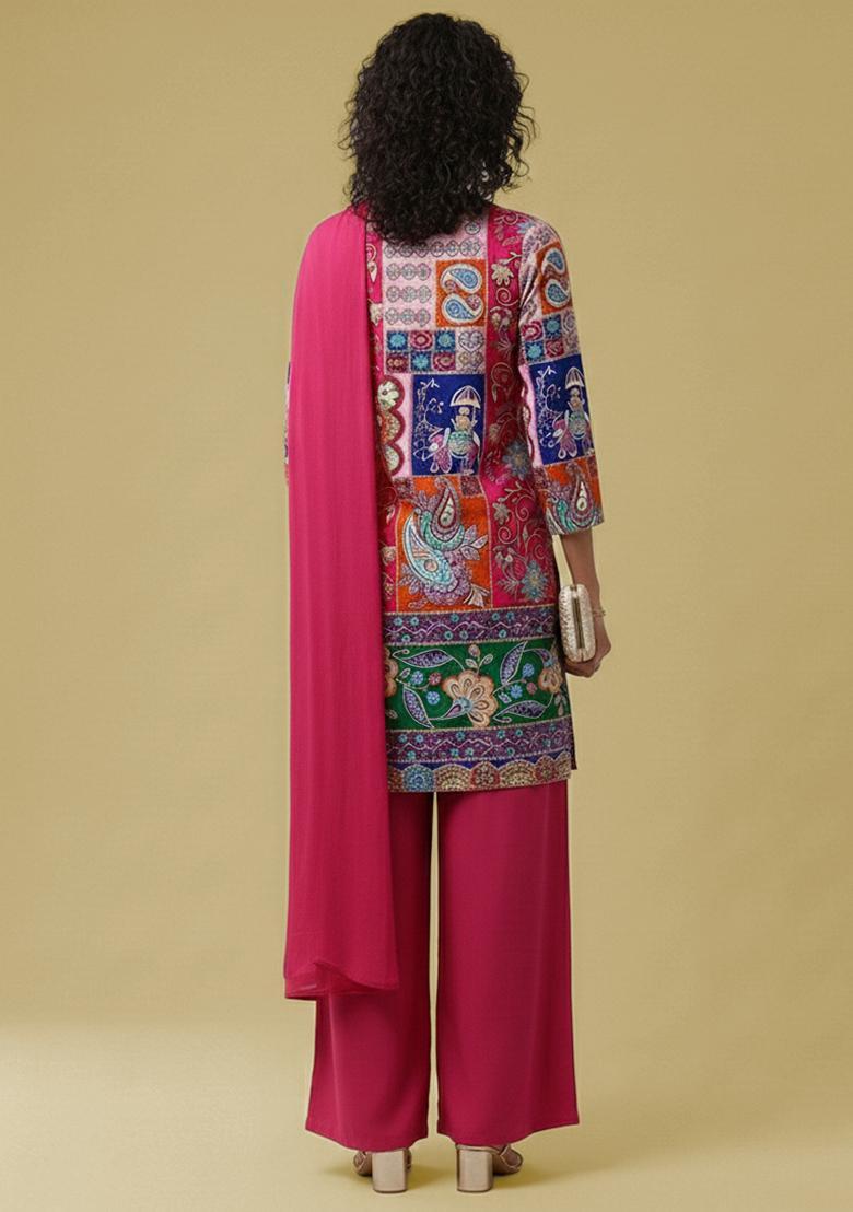 Rani Pink Printed Crepe Pakistani Suit Set - Indya