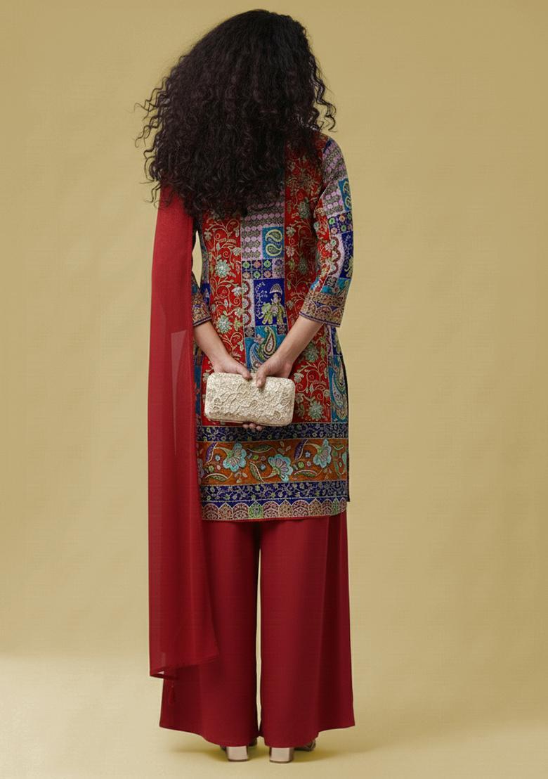 Red Printed Crepe Pakistani Suit Set - Indya