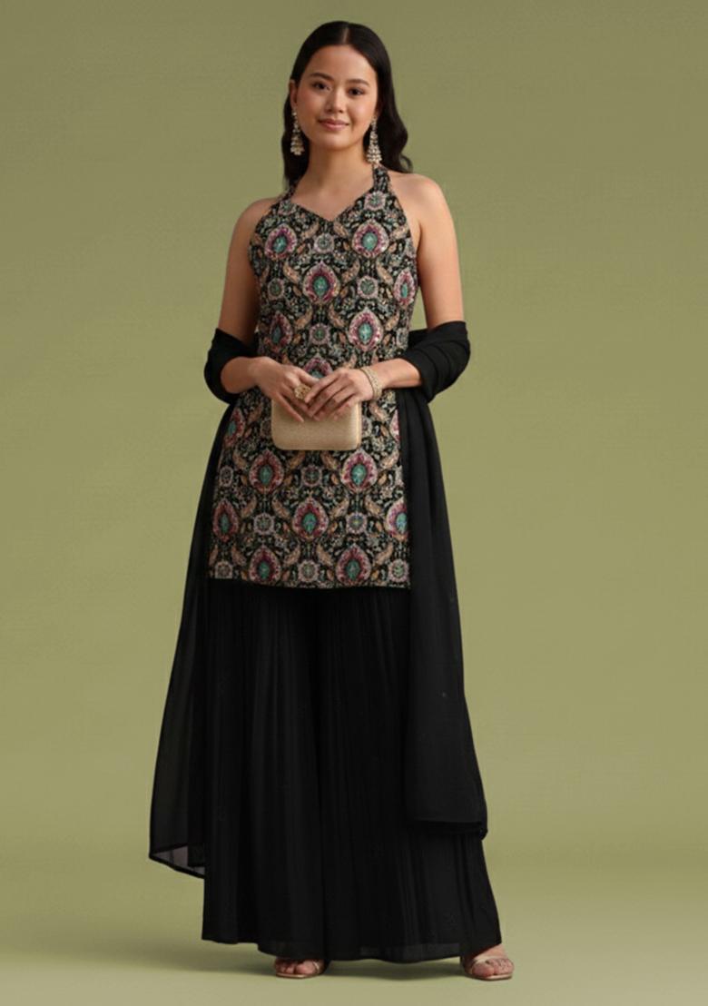 Black Embroidered Crepe Sharara Set - Indya