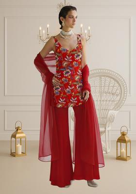 Red Floral Print Crepe Sharara Set