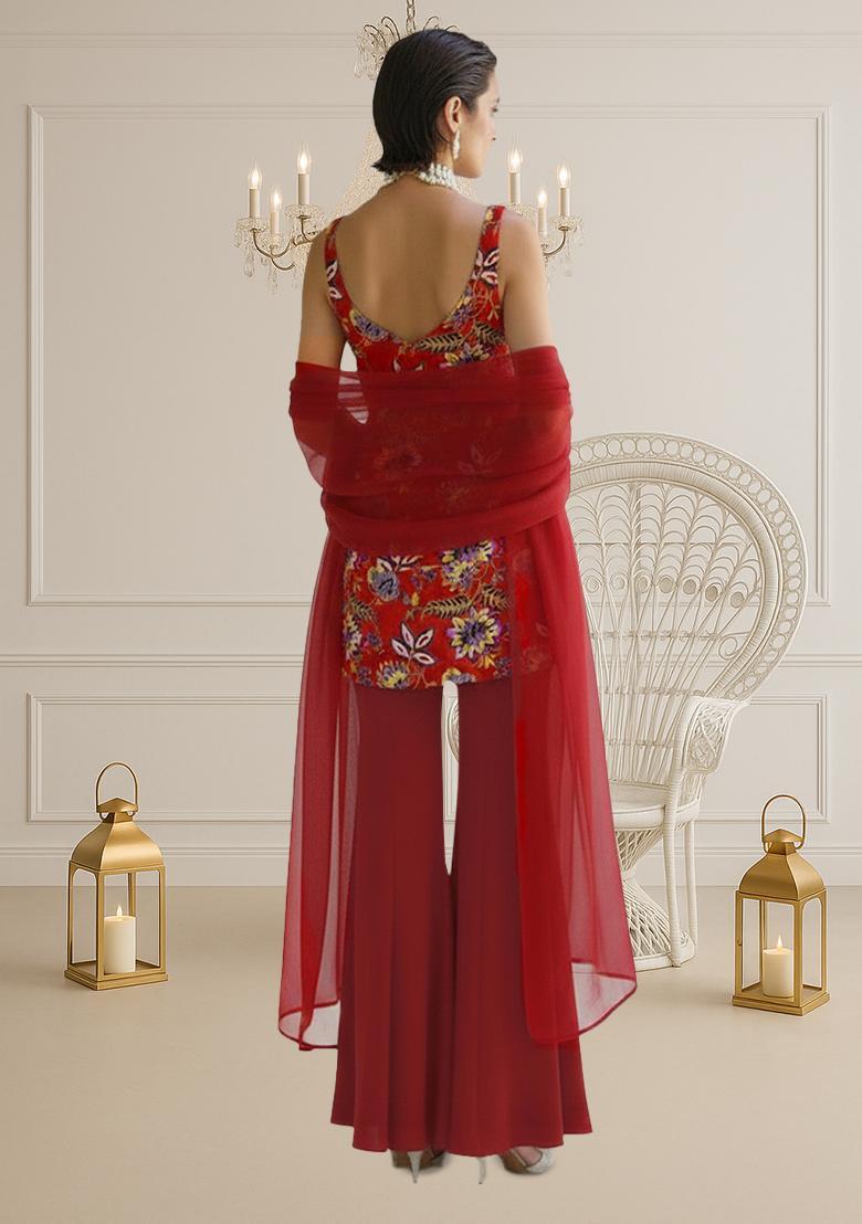 Red Floral Print Crepe Sharara Set - Indya