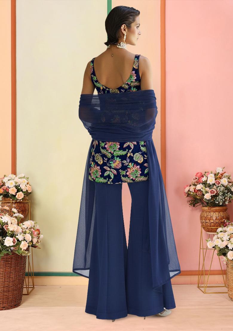 Navy Blue Floral Print Crepe Sharara Set - Indya