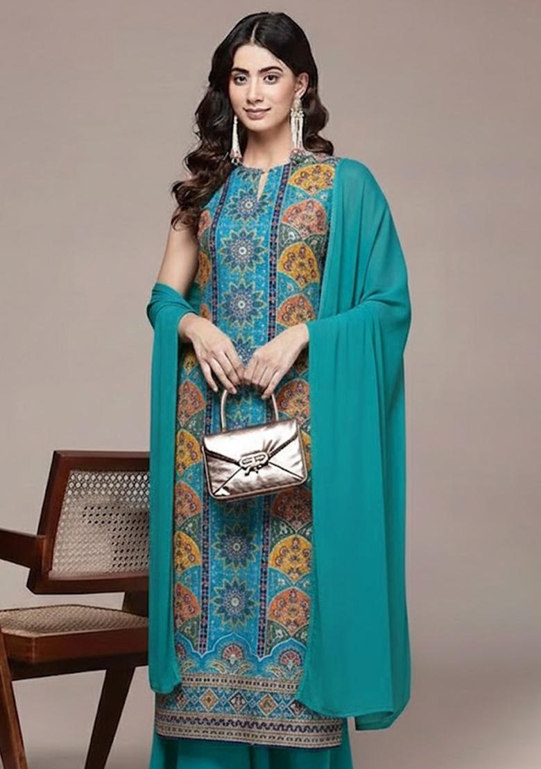 Teal Green Embroidered Crepe Sharara Set - Indya