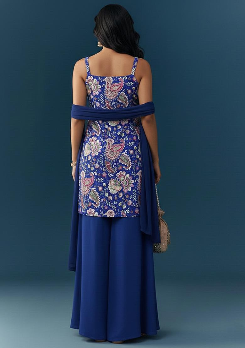 Royal Blue Printed Crepe Sharara Set - Indya