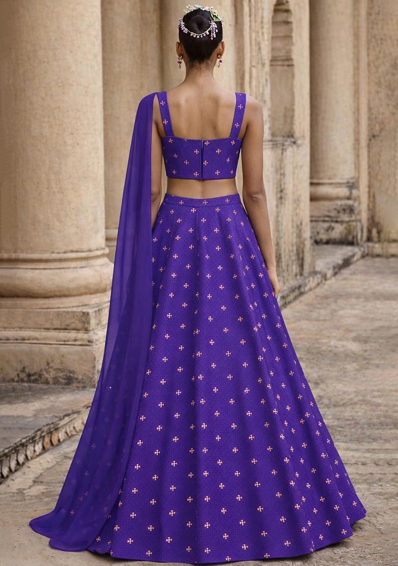 Royal Purple Embroidered Organza Lehenga Set - Indya