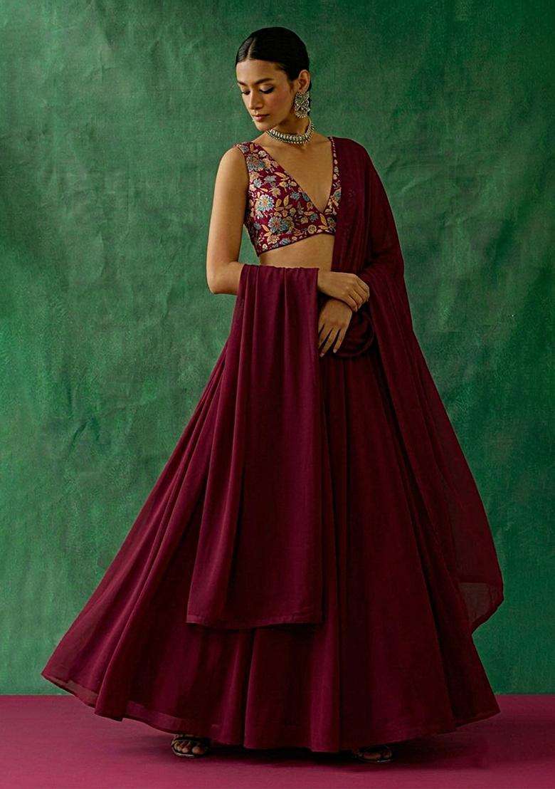 Deep Maroon Floral Print Crepe Lehenga Set - Indya