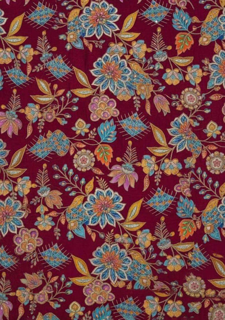Deep Maroon Floral Print Crepe Lehenga Set - Indya
