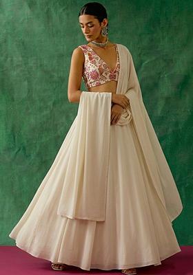 Off White Floral Print Crepe Lehenga Set