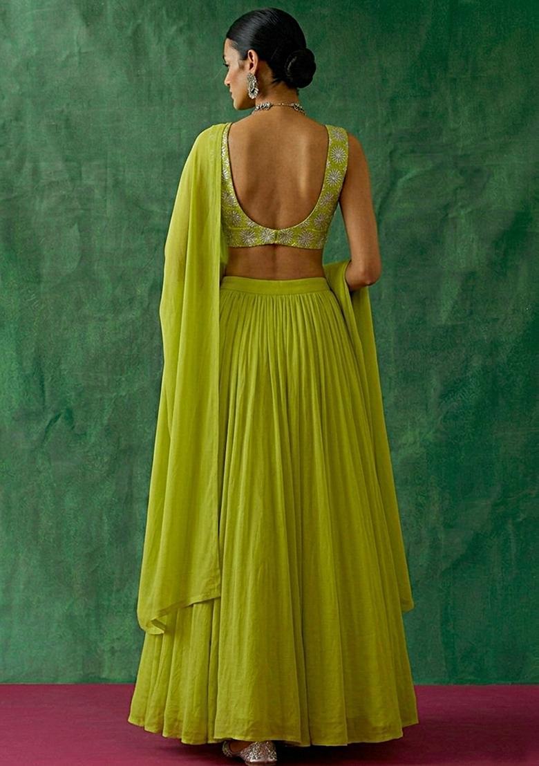 Leaf Green Sequin Silk Blend Lehenga Set - Indya